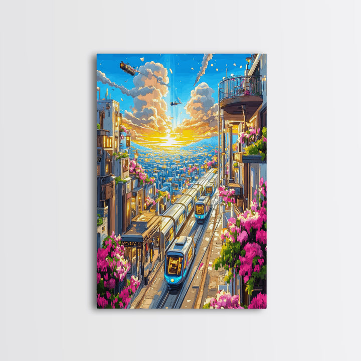 Sunset City Train Tracks With Flower Balconies Canvas Print, Futuristic Wall Art, Urban Travel Poster, Modern Home Decor
