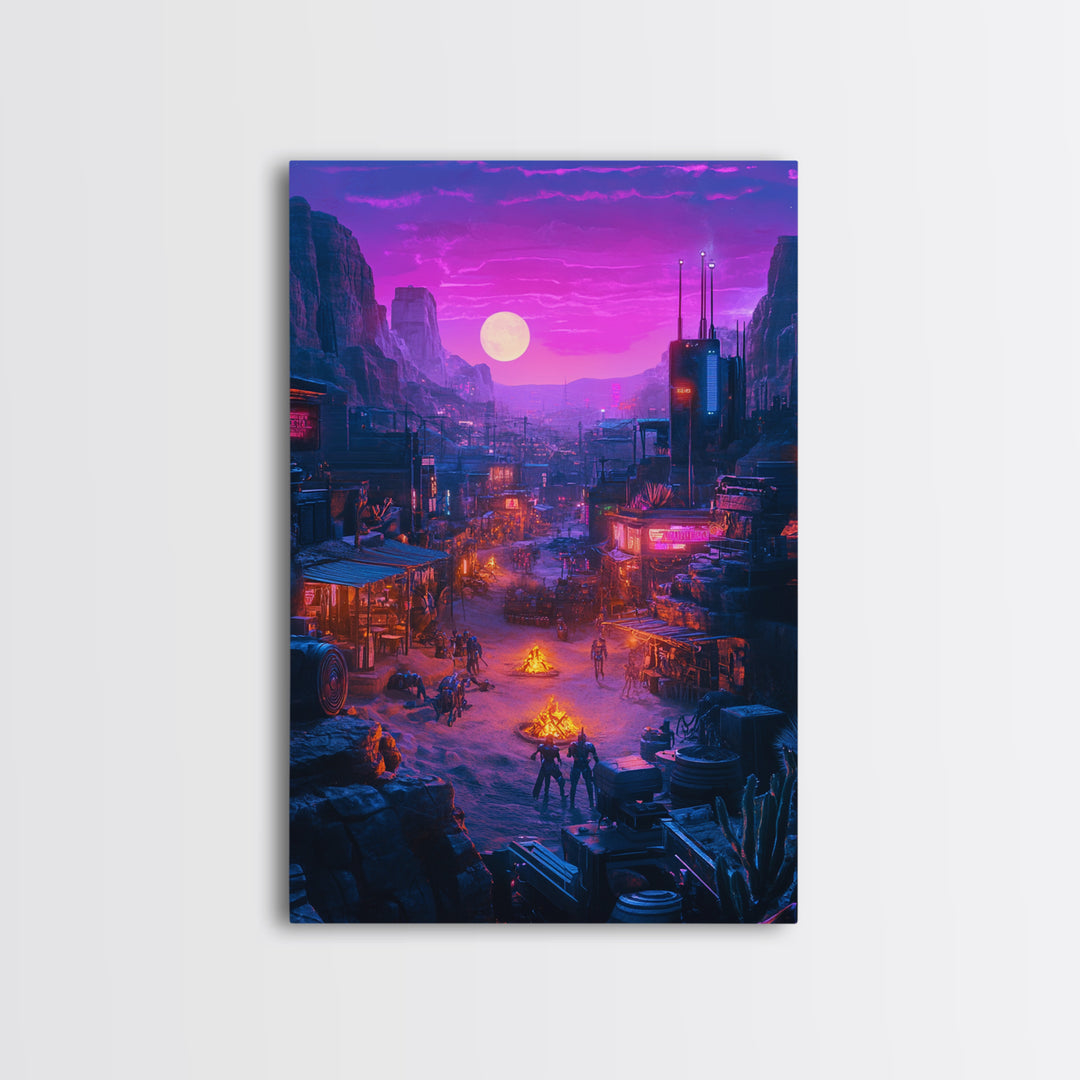 Purple Moon Cyberpunk Desert Settlement Wall Art, Sci Fi Western Poster, Dystopian Landscape, Gaming Room Decor Gift For Him
