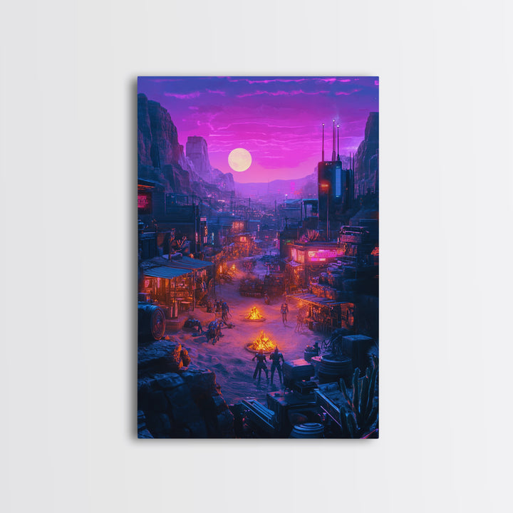 Purple Moon Cyberpunk Desert Settlement Wall Art, Sci Fi Western Poster, Dystopian Landscape, Gaming Room Decor Gift For Him