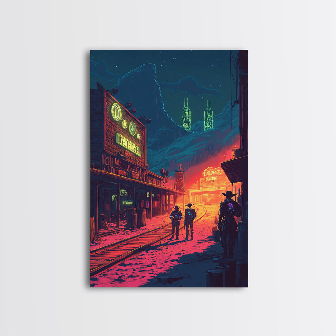 Neon Frontier Street With Cowboys Canvas Print, Cyberpunk Western Wall Art, Sci Fi Poster, Man Cave Gaming Room Decor Gift For Him
