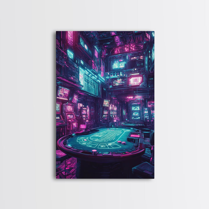 Cyberpunk Neon Casino Poker Room Wall Art, Futuristic Gaming Room Decor, Sci Fi Poster, Vaporwave Home Decor Print For Man Cave
