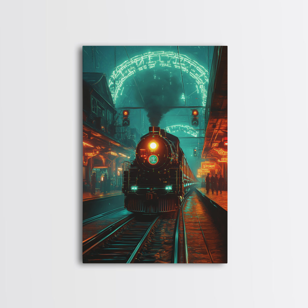 Steampunk Train Station Framed Canvas Print, Futuristic Wall Art, Sci Fi Decor, Industrial Travel Poster For Office Decor