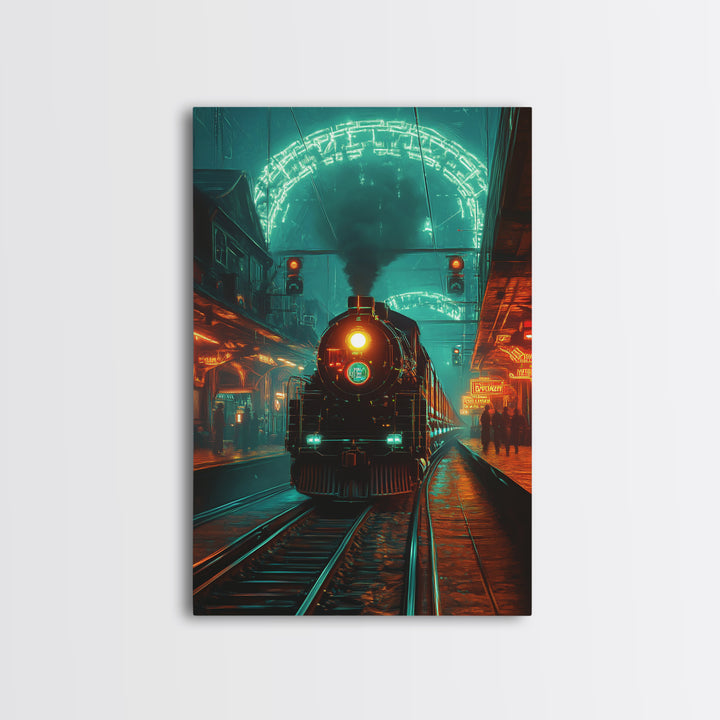 Steampunk Train Station Framed Canvas Print, Futuristic Wall Art, Sci Fi Decor, Industrial Travel Poster For Office Decor