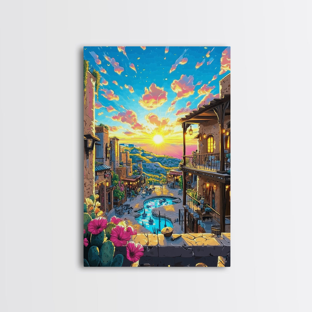 Mediterranean Sunset Village Wall Art, Vibrant Coastal Canvas Print, Travel Poster, Warm Home Decor For Living Room And Bedroom Decor