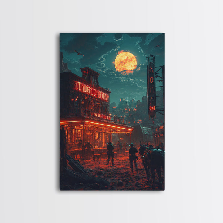 Dark Western Saloon Moon Wall Art, Moody Cowboy Canvas Print, Gothic Rustic Decor, Southwestern Poster For Man Cave Living Room Decor
