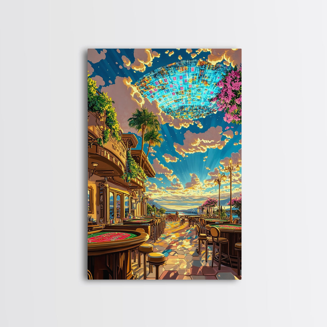 Coastal Casino Terrace UFO Canvas Print, Futuristic Travel Poster, Vibrant Coastal Wall Art, Maximalist Home Decor For Living Room