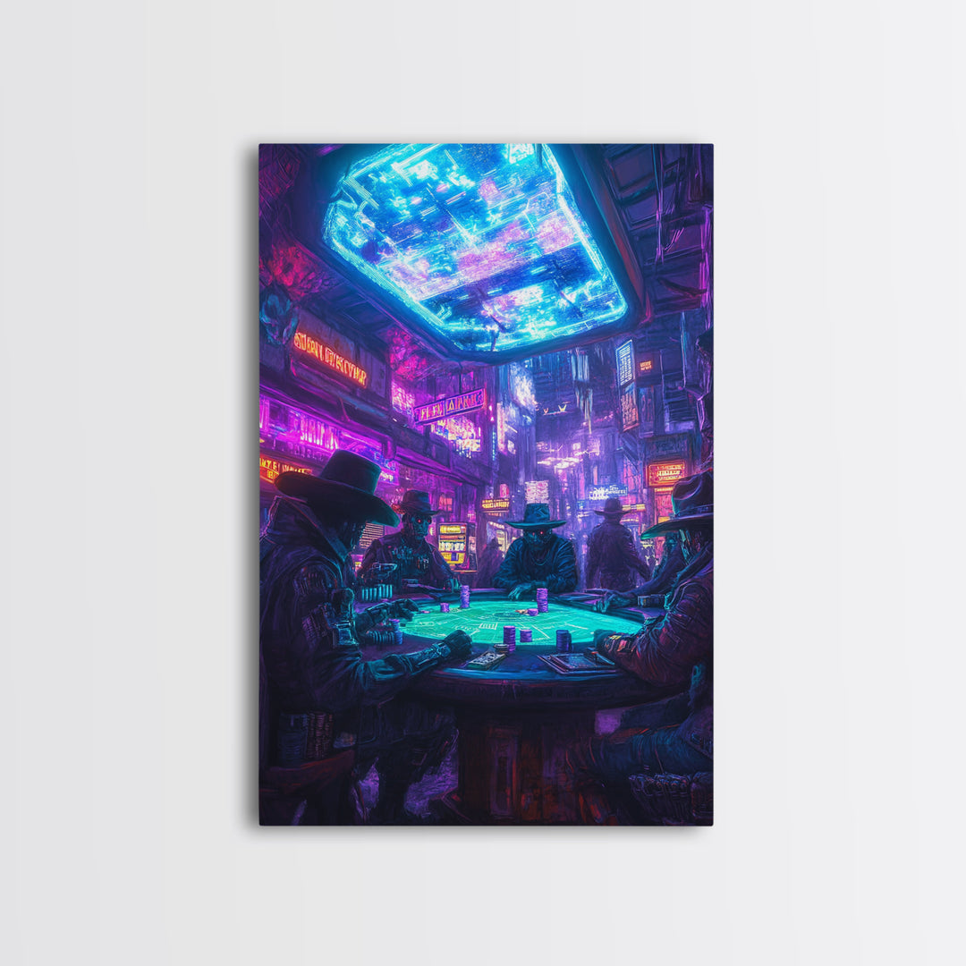 Cyberpunk Western Poker Game Wall Art, Neon Cowboy Canvas Print, Sci Fi Saloon Decor, Futuristic Man Cave Poster For Gaming Room Decor