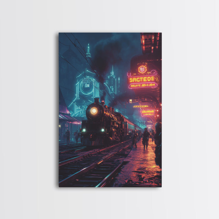 Neon Cyberpunk Steam Train Station Canvas Print, Futuristic Cityscape Wall Art, Sci Fi Decor, Gamer Room, Gift For Him, Modern Home Decor