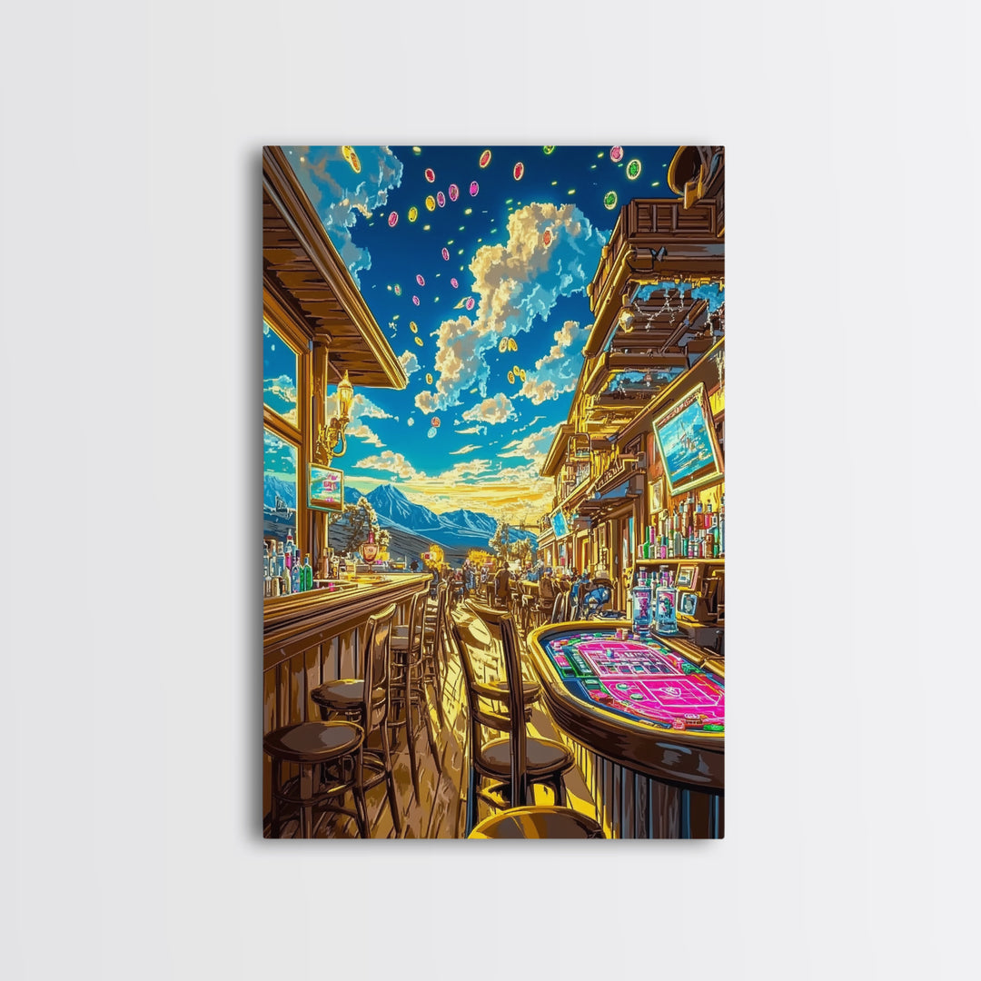 Sunlit Mountain Casino Bar Canvas Print, Colorful Western Wall Art, Game Room Decor, Man Cave Poster, Housewarming Gift Idea