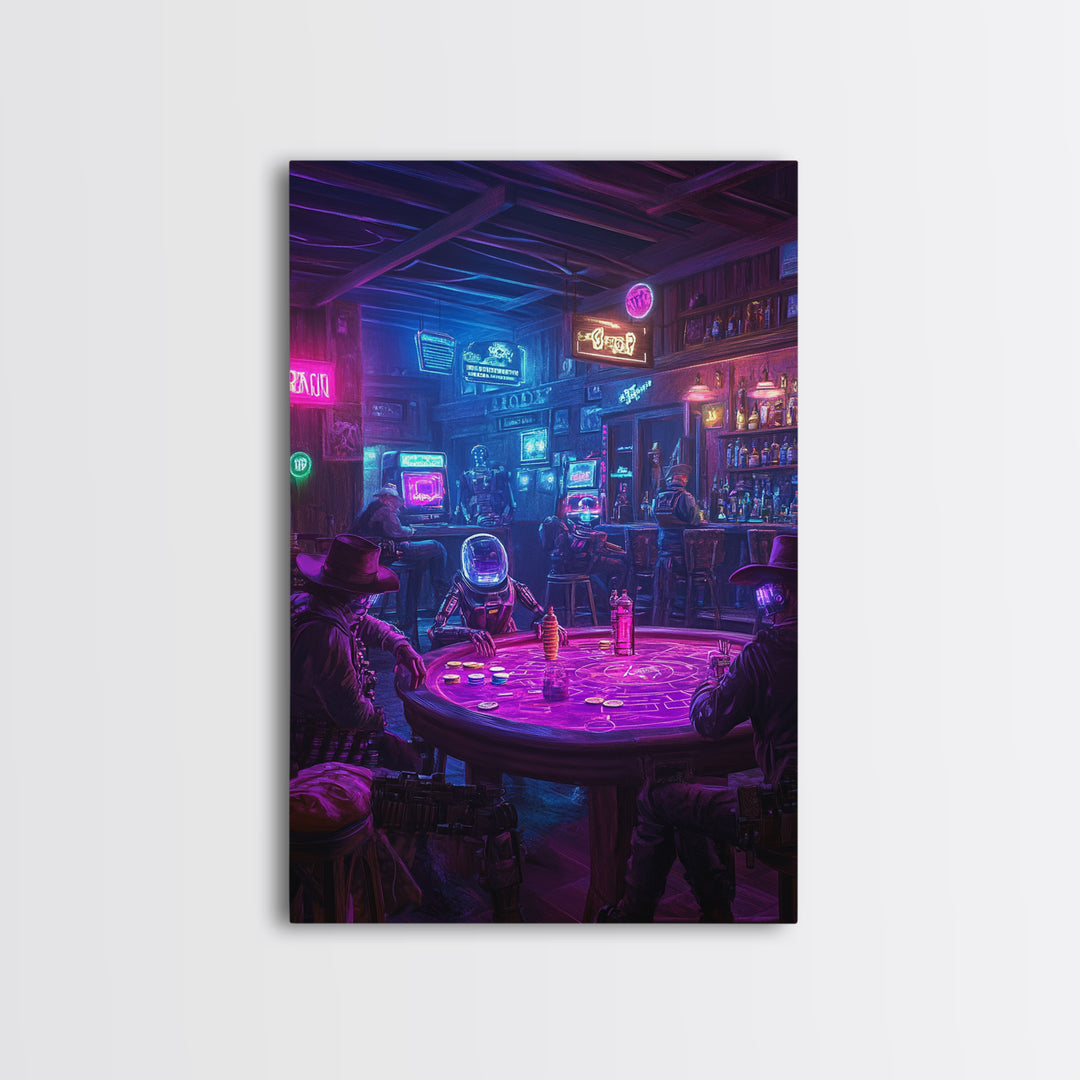 Neon Cyberpunk Poker Saloon Wall Art, Futuristic Western Canvas Print, Man Cave Decor, Game Room Art, Sci Fi Gift For Him