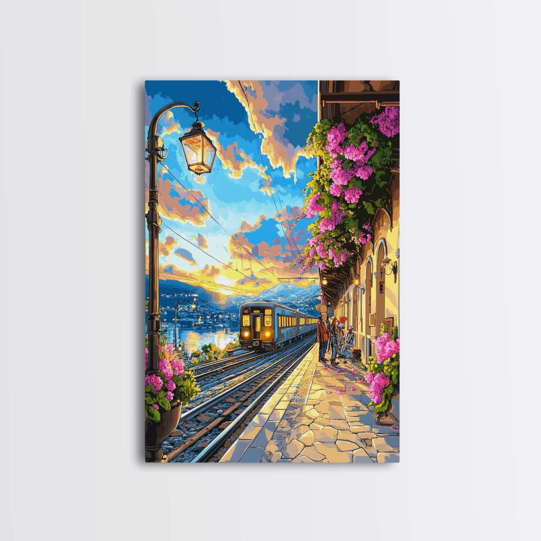Coastal Sunset Train By Flowered Balcony Canvas Print, Mediterranean Wall Art, Travel Poster, Living Room Decor, Gift For Her
