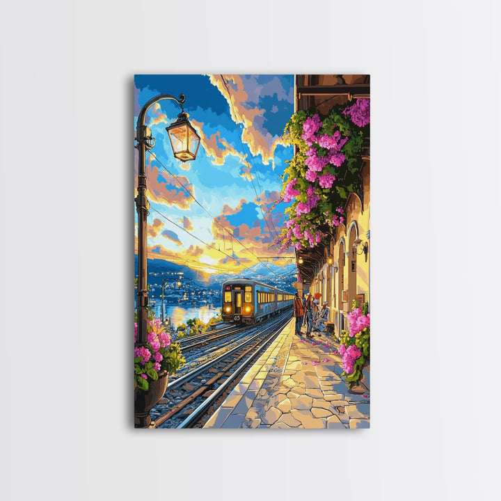 Coastal Sunset Train By Flowered Balcony Canvas Print, Mediterranean Wall Art, Travel Poster, Living Room Decor, Gift For Her