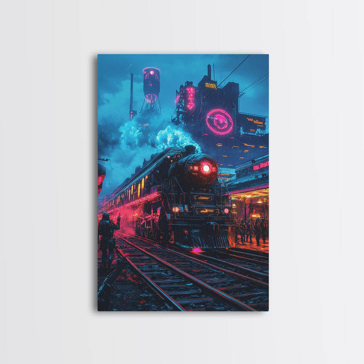 Neon Dystopian Steam Train Canvas Print, Cyberpunk City Wall Art, Futuristic Decor, Sci Fi Poster, Gaming Room Gift For Him