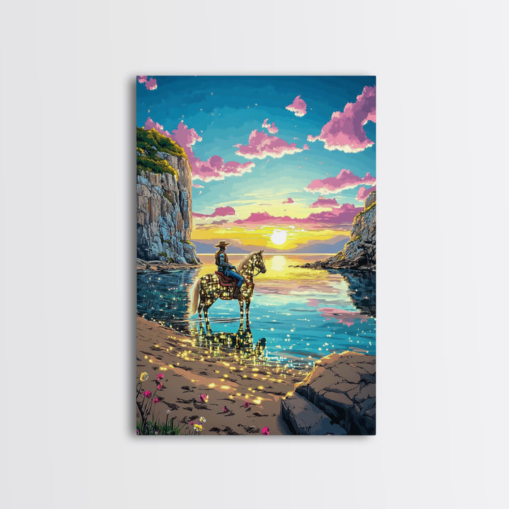 Glowing Cowgirl Horse On Sunset Cove Canvas Print, Western Wall Art, Coastal Decor, Romantic Bedroom Art, Unique Gift For Her