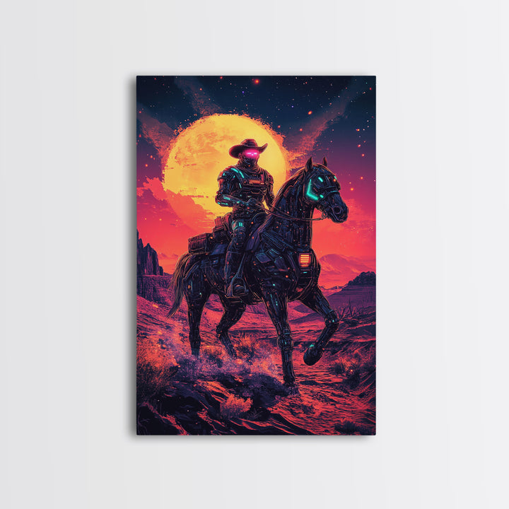 Cyberpunk Cowboy On Robotic Horse Canvas Print, Neon Western Wall Art, Futuristic Desert Decor, Sci Fi Poster, Gift For Him