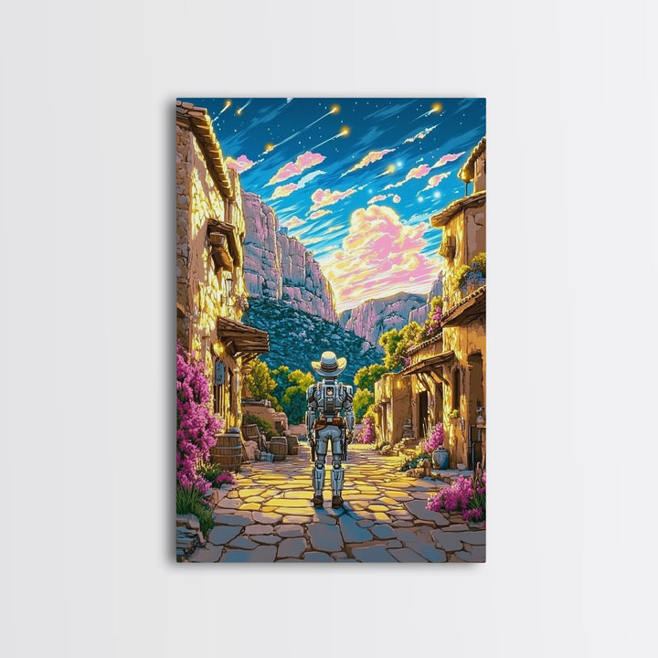 Astronaut In Canyon Village Under Meteors Canvas Print, Futuristic Wall Art, Space Decor, Sci Fi Poster, Gamer Room Decor, Gift For Him