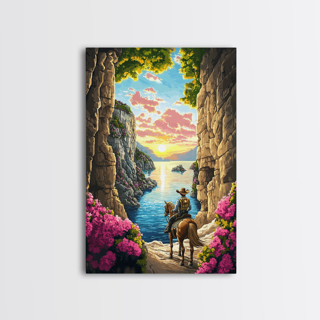 Cowboy Horseback Coastal Canyon Sunset Wall Art, Western Landscape Canvas, Adventure Decor, Ocean Cliff Art Print, Living Room Decor