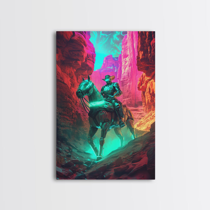 Neon Robot Cowboy In Red Desert Canyon Canvas Print, Cyberpunk Western Wall Decor, Futuristic Sci Fi Gaming Room Wall Decor