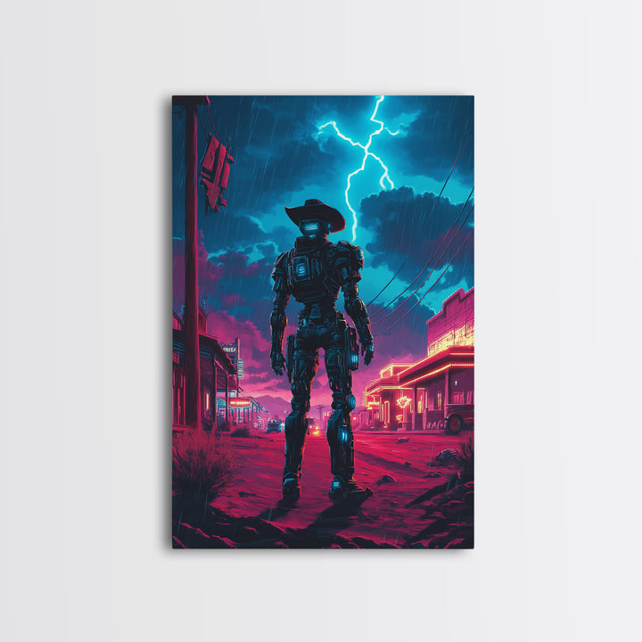 Robot Cowboy In Neon Storm Western Town Wall Art, Cyberpunk Sci Fi Poster, Futuristic Gaming Room Decor, Man Cave Gift For Him