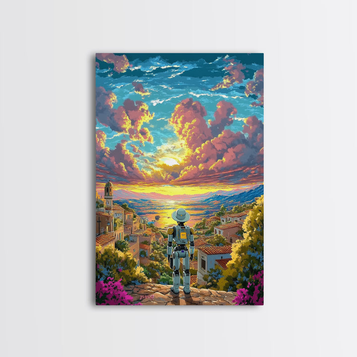 Robot Traveler Above Coastal Village Sunset Framed Canvas Print, Mediterranean Wall Art, Modern Landscape Decor, Living Room Art