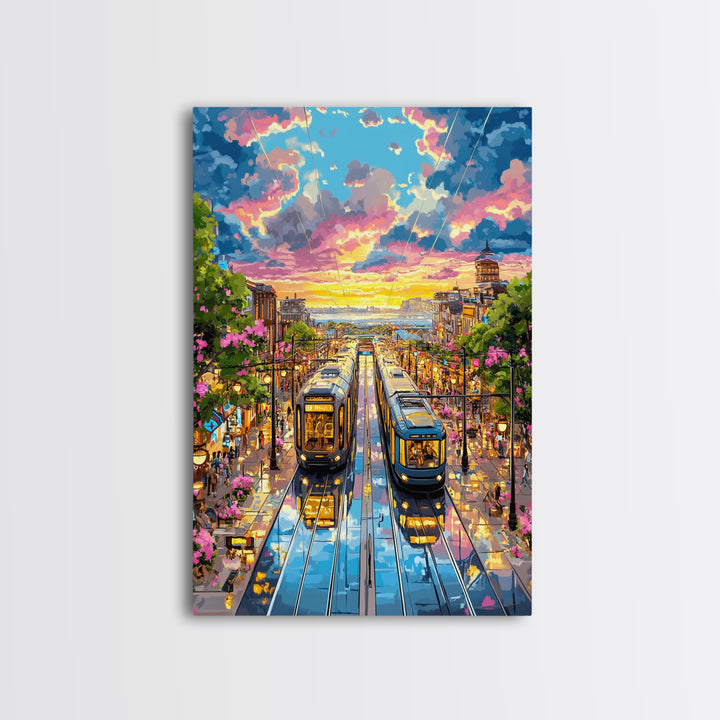 Colorful Tram Street At Sunset Canvas Print, Urban Landscape Wall Art, City Travel Poster, Eclectic Living Room Home Decor