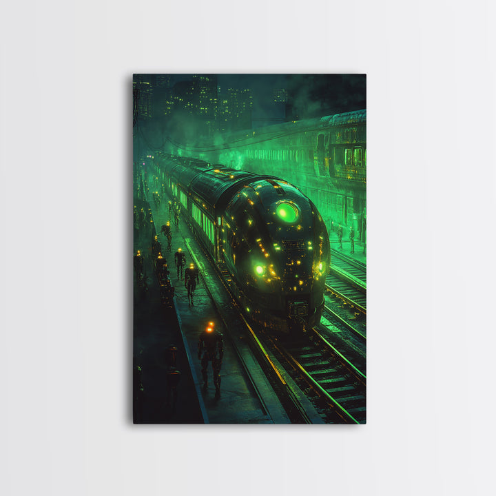 Glowing Green Futuristic Train Station Wall Art, Cyberpunk Railway Canvas, Dark Sci Fi Cityscape Office Decor, Gaming Room Art