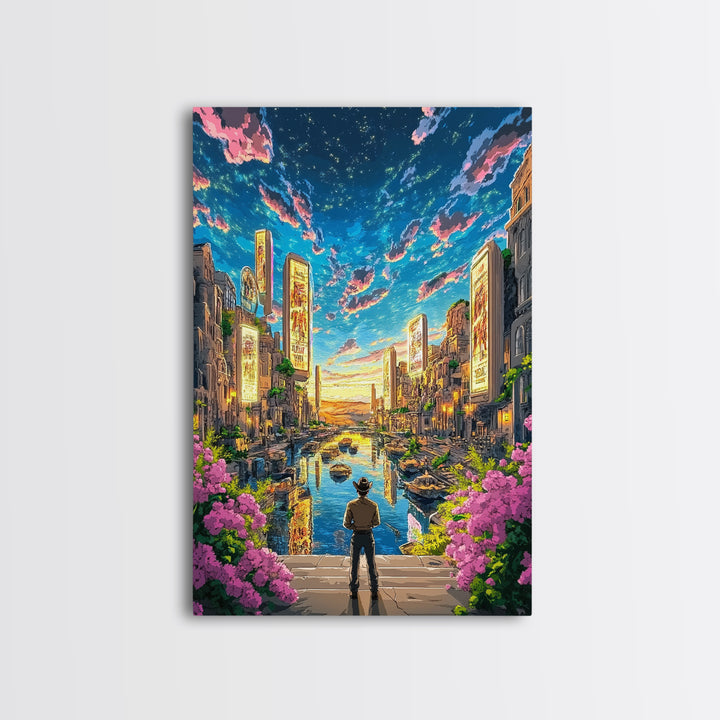 Cowboy Overlooking Neon Canal City At Dusk Wall Art, Futuristic Western Travel Poster, Colorful Urban Home Decor, Living Room Art