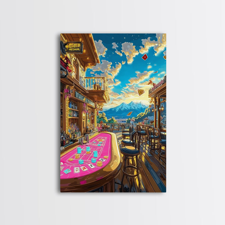 Mountain Casino Bar With Poker Table Canvas Print, Game Room Wall Art, Speakeasy Decor, Home Bar Decor, Man Cave Gift For Him