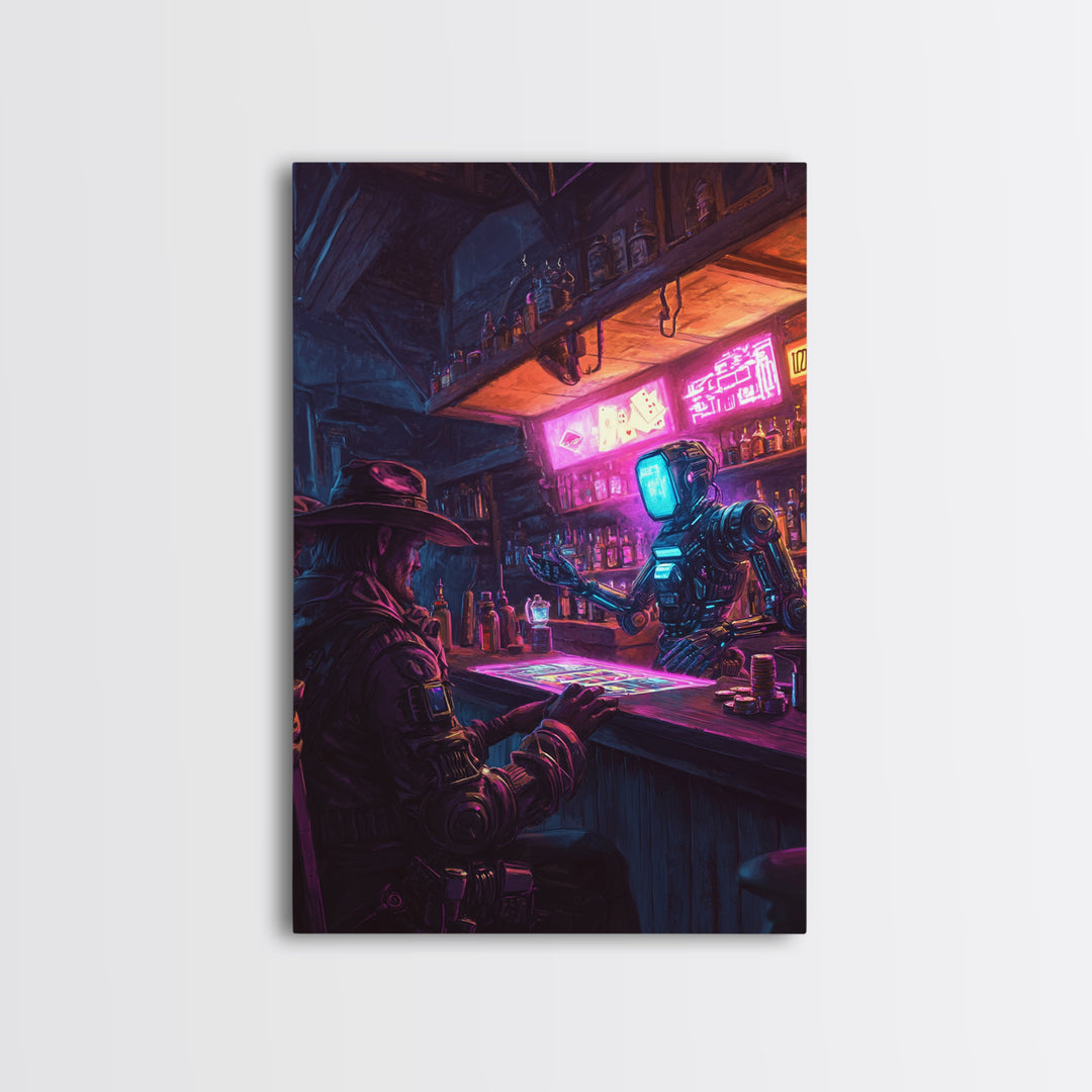Neon Robot Bartender And Cyber Cowboy Saloon Wall Art, Futuristic Western Canvas Print, Sci Fi Bar Decor, Man Cave Gift Idea
