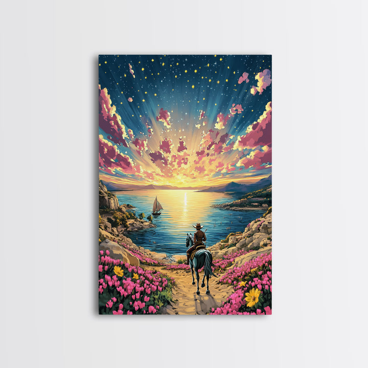 Sunset Cowboy Horse By Flowered Sea Cove Wall Art, Western Coastal Landscape Canvas Print, Beach House Living Room Decor Gift