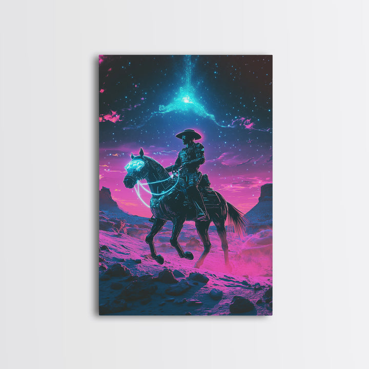 Neon Cosmic Cowboy On Glowing Horse Wall Art, Futuristic Western Desert Canvas Print, Sci Fi Space Decor For Gamers Gift