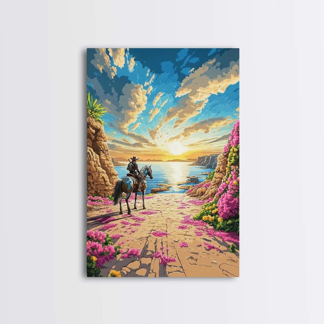 Western Rider On Coastal Flower Path Wall Art, Sunset Seascape Landscape Framed Canvas Print, Beach House Decor Gift Idea