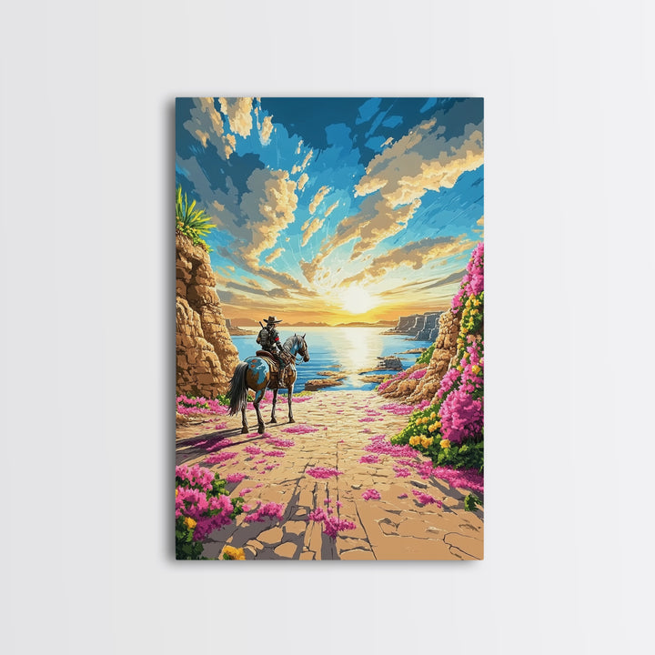 Western Rider On Coastal Flower Path Wall Art, Sunset Seascape Landscape Framed Canvas Print, Beach House Decor Gift Idea