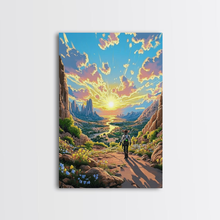 Lone Cowboy Walking Through Blooming Canyon Wall Art, Western Desert Landscape Canvas Print, Southwest Home Decor Gift For Him