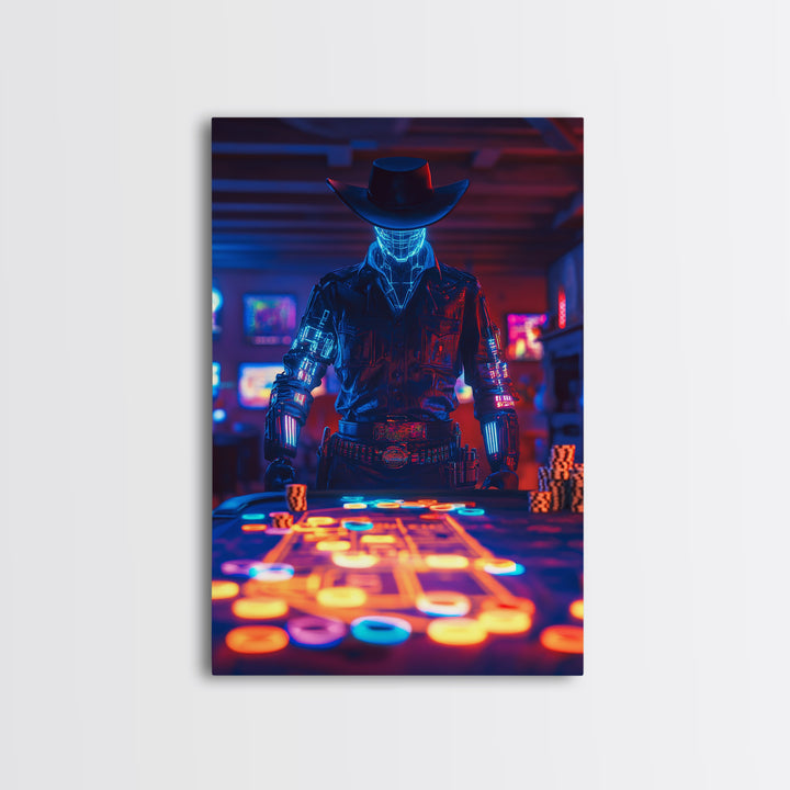 Glowing Robot Cowboy At Neon Poker Table Wall Art, Futuristic Casino Canvas Print, Gaming Room Man Cave Decor Gift For Him