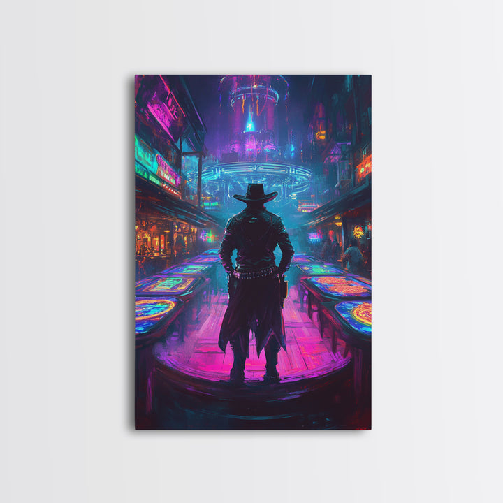 Cyber Cowboy In Neon Futuristic City Wall Art, Dystopian Western Street Canvas Print, Sci Fi Gaming Room Decor Gift For Him