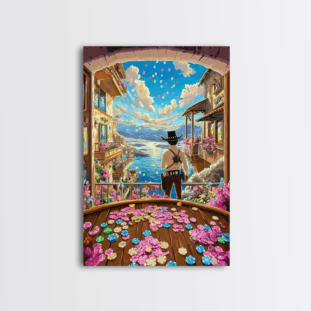 Cowboy Overlooking Coastal Village And Poker Coins Wall Art, Whimsical Western Canvas Print, Beach House Decor Gift For Her