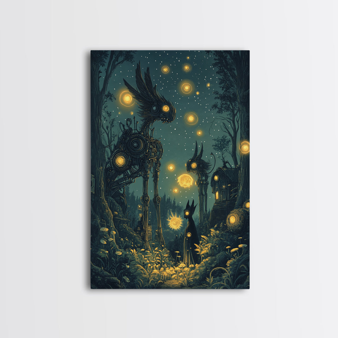 Glowing Mechanical Forest Creatures Wall Art, Dark Fantasy Art, Whimsical Animal Art, Celestial Decor, Unique Home Decor