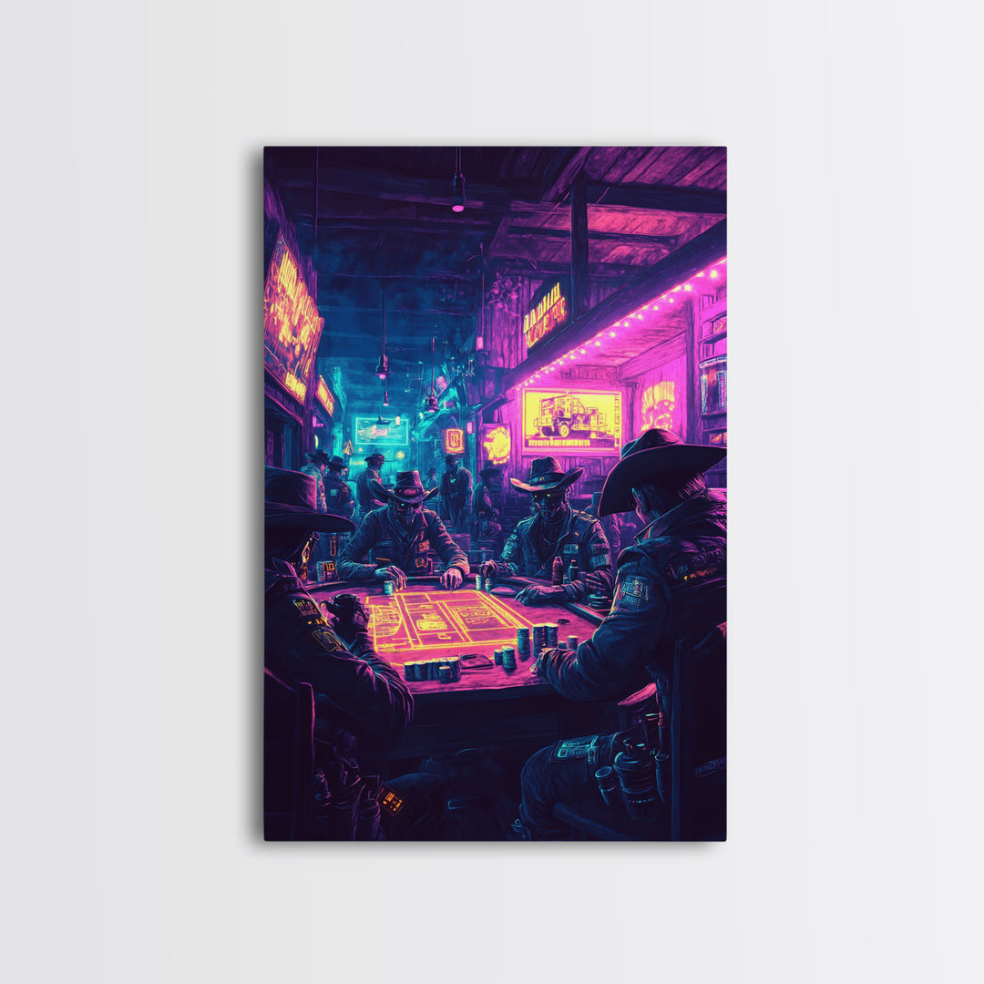 Neon Cyberpunk Cowboy Poker Wall Art, Futuristic Western Decor, Gaming Room Art, Man Cave Decor, Sci Fi Canvas Print, Gift For Him