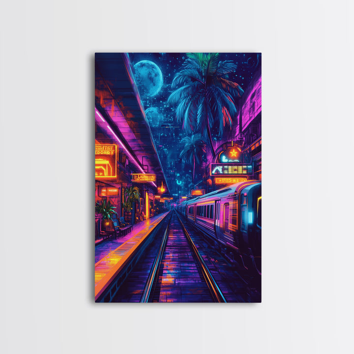 Neon Tropical Cyberpunk Train Wall Art, Futuristic Cityscape Art, Vaporwave Decor, Gaming Room Art, Large Sci Fi Canvas Print