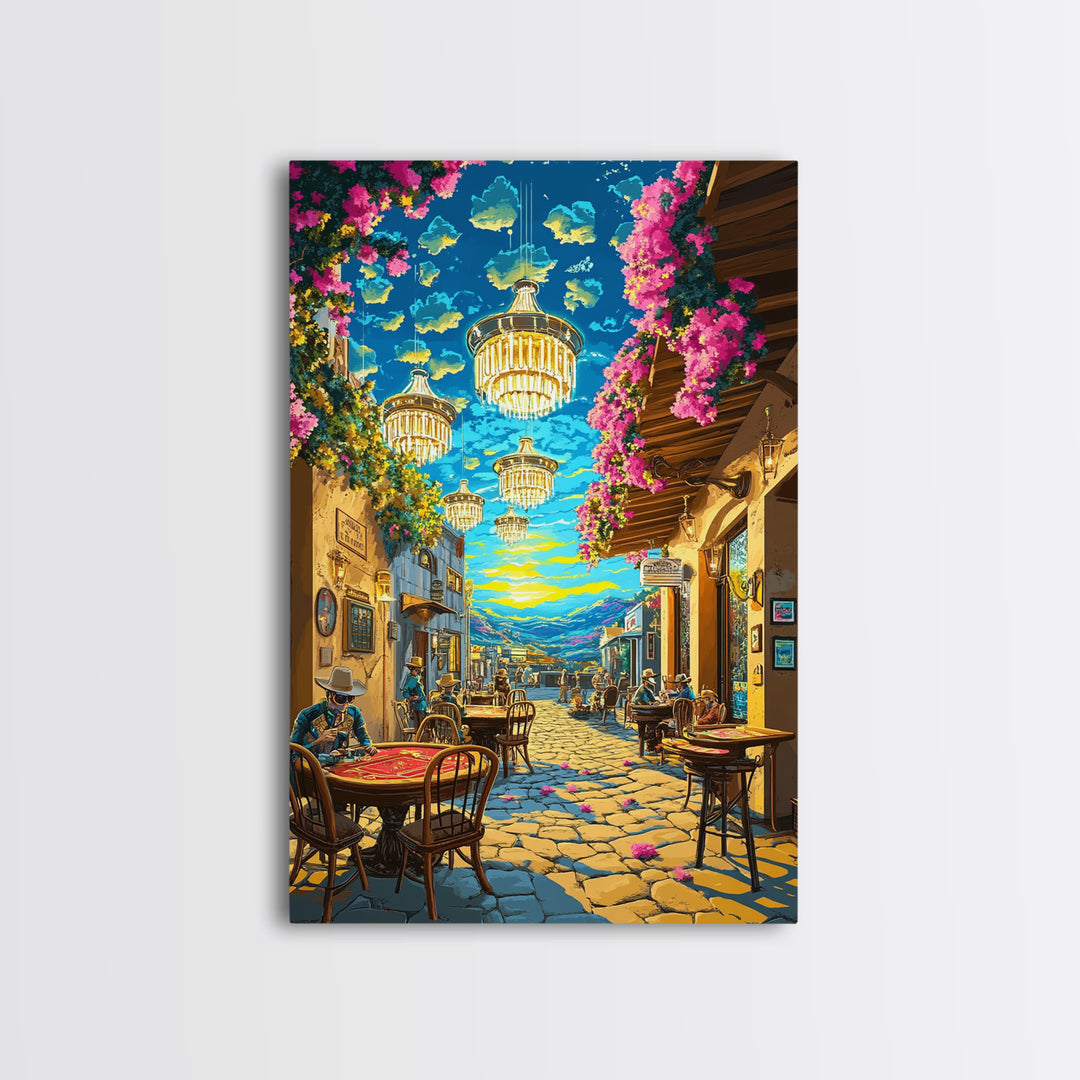 Chandelier Lit Mediterranean Cafe Wall Art, Colorful Travel Poster, Coastal Decor, Dining Room Print, Framed Canvas Print