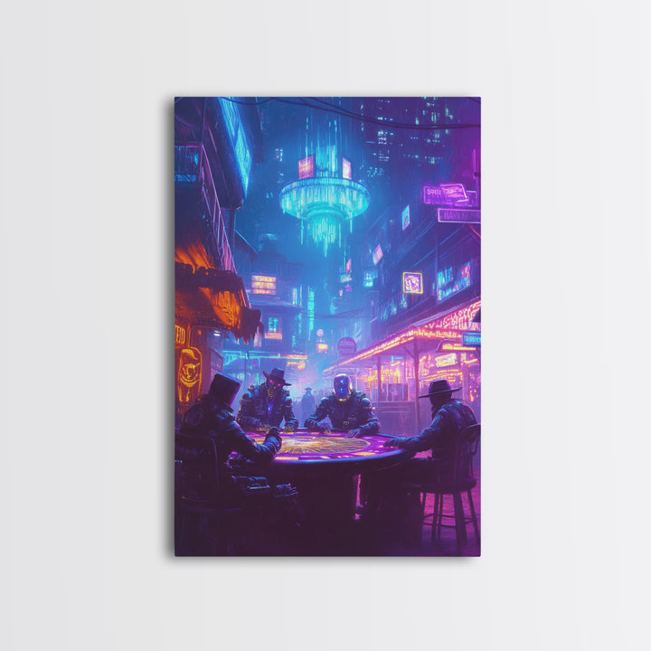 Cyberpunk Poker Table Under Neon Wall Art, Futuristic City Decor, Sci Fi Poster, Gaming Room Art, Man Cave Decor, Large Canvas Print