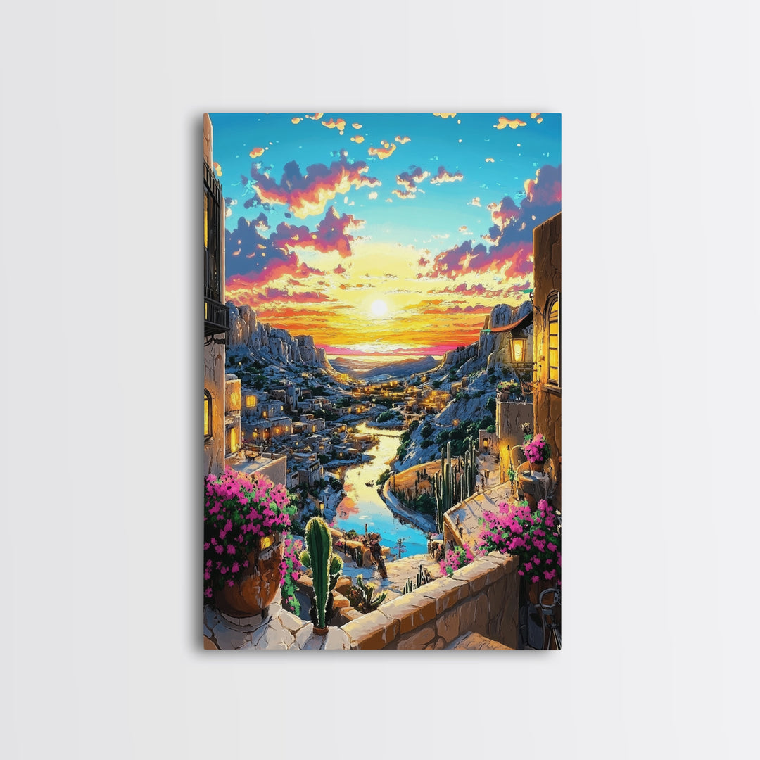 Sunset Canyon Village And River Wall Art, Mediterranean Landscape Print, Coastal Home Decor, Colorful Art, Large Canvas Print