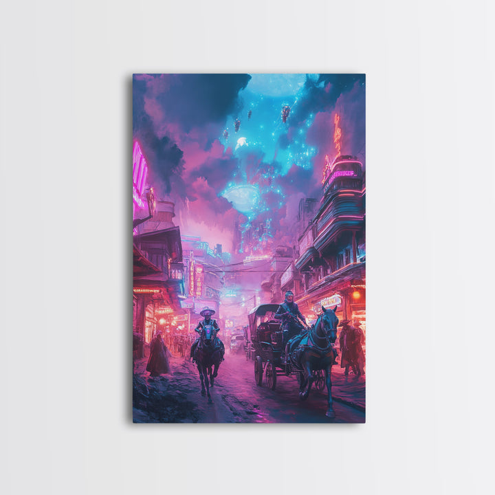 Neon Cyberpunk Horseback City Under Cosmic Sky Wall Art, Futuristic Sci Fi Poster, Gaming Room Decor, Vaporwave Home Decor