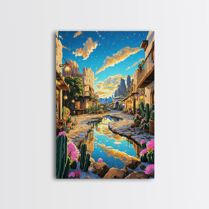 Sunlit Desert Village Street With Cactus And Mountains Canvas Print, Southwestern Wall Art, Boho Home Decor, Travel Poster