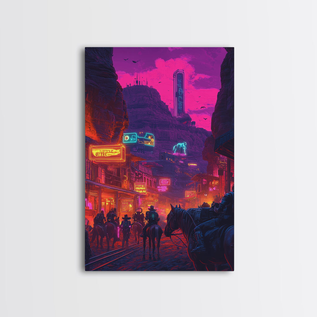Neon Western Canyon Town With Cowboys Framed Canvas Print, Cyberpunk Wall Art, Futuristic Decor, Gaming Room Poster, Sci Fi Home Decor