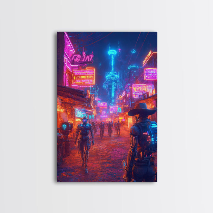 Neon Cyberpunk Cowboy And Robot City Canvas Print, Futuristic Wall Art, Sci Fi Poster, Gaming Room Decor, Vaporwave Gift