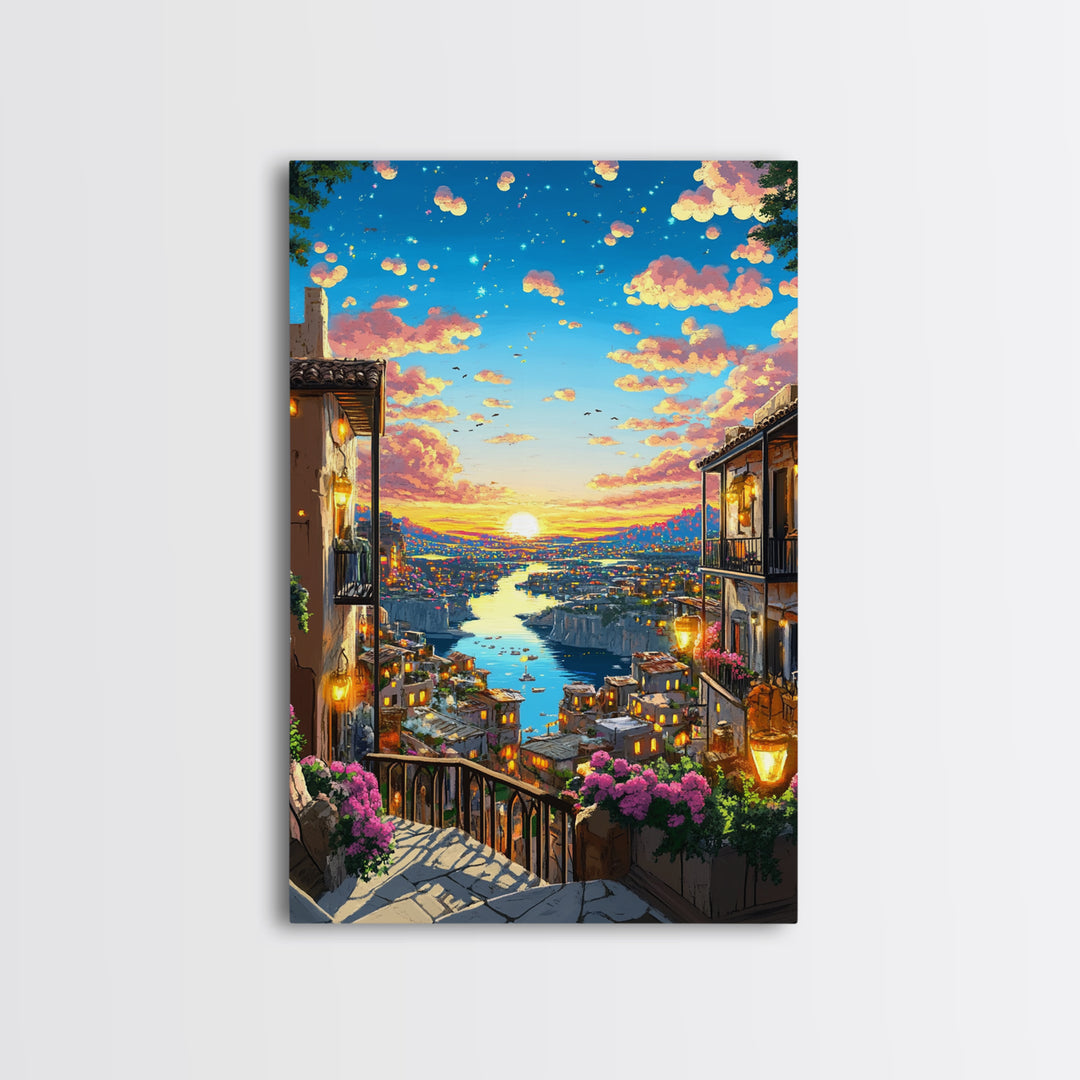 Romantic Sunset River City Balcony With Flowers Wall Art, Mediterranean Travel Poster, Coastal Home Decor, Colorful Art Print