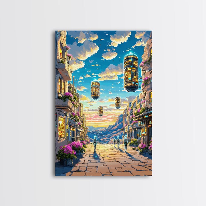 Floating Futuristic City Street With Sky Pods Canvas Print, Sci Fi Wall Art, Cyberpunk Decor, Modern Travel Poster Gift For Him