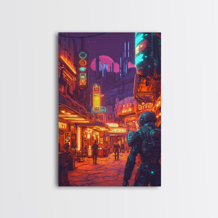 Neon Spaceport Street With Astronaut And Moon Wall Art, Cyberpunk Sci Fi Poster, Gaming Room Decor, Futuristic Canvas Art